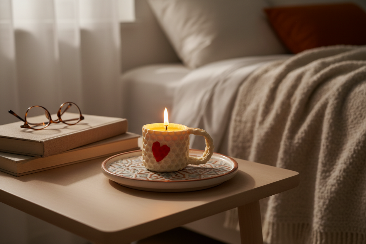 Bedside candle with heat-resistant mat